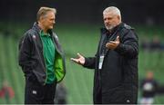 24 February 2018; Ireland head coach Joe Schmidt, left, with Wales head coach Warren Gatland prior to the NatWest Six Nations Rugby Championship match between Ireland and Wales at the Aviva Stadium in Lansdowne Road, Dublin. Photo by Brendan Moran/Sportsfile