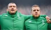 24 February 2018; Jack McGrath, left, and Sean Cronin of Ireland during the national anthems prior to the NatWest Six Nations Rugby Championship match between Ireland and Wales at the Aviva Stadium in Lansdowne Road, Dublin. Photo by Brendan Moran/Sportsfile