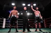 3 March 2018; Cillian Reardon is announced winner against Richard Hegyi in their middleweight bout at the National Stadium in Dublin. Photo by Ramsey Cardy/Sportsfile