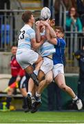6 March 2018; Rory Madigan, left, and Harry Donnelly of Blackrock College contest a high ball with Hugo Conway of St Mary's College during the Bank of Ireland Leinster Schools Senior Cup Semi-Final match between St Mary's College and Blackrock College at Donnybrook Stadium in Dublin. Photo by Daire Brennan/Sportsfile