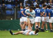 6 March 2018; Ross Barron of Blackrock College helps team-mate Stephen Madigan who is suffering a cramp during the Bank of Ireland Leinster Schools Senior Cup Semi-Final match between St Mary's College and Blackrock College at Donnybrook Stadium in Dublin. Photo by Daire Brennan/Sportsfile