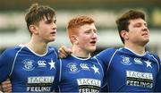 6 March 2018; St Mary's College players, left to right, Ian Wickham, Joe Nolan, and Conor McElearney sing their school anthem after the Bank of Ireland Leinster Schools Senior Cup Semi-Final match between St Mary's College and Blackrock College at Donnybrook Stadium in Dublin. Photo by Daire Brennan/Sportsfile