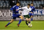 6 March 2018: Louie Barry of Republic of Ireland in action against Ilias Kostis of Cyprus during the Under 15 International Friendly match between Republic of Ireland and Cyprus at Oriel Park in Dundalk, Co Louth. Photo by Oliver McVeigh/Sportsfile