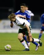 6 March 2018: Sami Clarke of Republic of Ireland in action against Sokratis Hadzivasiliou of Cyprus during the Under 15 International Friendly match between Republic of Ireland and Cyprus at Oriel Park in Dundalk, Co Louth. Photo by Oliver McVeigh/Sportsfile