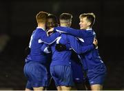 6 March 2018: Jordi Ebanda of Dublin IT, centre, celebrates with team-mates after scoring his side's first goal during the RUSTLERS CFAI Perpetual Cup Final match between Athlone IT and Dublin IT, at Eamon Deacy Park in Galway. Photo by Seb Daly/Sportsfile