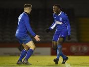 6 March 2018: Jordi Ebanda , right, of Dublin IT celebrates with team-mate Rob Duggan after scoring his side's first goal during the RUSTLERS CFAI Perpetual Cup Final match between Athlone IT and Dublin IT, at Eamon Deacy Park in Galway. Photo by Seb Daly/Sportsfile