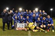 6 March 2018: Dublin IT players and staff celebrate with the trophy following their side's victory during the RUSTLERS CFAI Perpetual Cup Final match between Athlone IT and Dublin IT, at Eamon Deacy Park in Galway. Photo by Seb Daly/Sportsfile