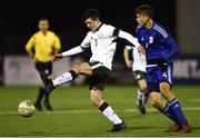6 March 2018: Calum Kavanagh of Republic of Ireland in action against Ilias Kostis of Cyprus during the Under 15 International Friendly match between Republic of Ireland and Cyprus at Oriel Park in Dundalk, Co Louth. Photo by Oliver McVeigh/Sportsfile