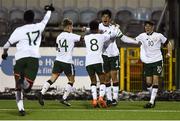 6 March 2018: Anselmo Garcia McNulty of Republic of Ireland celebrates with, from left, Kyle Conway, Conrad Egan Riley and Colin Conroy after scoring his side's first goal during the Under 15 International Friendly match between Republic of Ireland and Cyprus at Oriel Park in Dundalk, Co Louth. Photo by Oliver McVeigh/Sportsfile