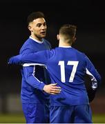 6 March 2018: Dublin IT captain Adam Zayed, left, and Rob Duggan congratulate each other following their side's victory during the RUSTLERS CFAI Perpetual Cup Final match between Athlone IT and Dublin IT, at Eamon Deacy Park in Galway. Photo by Seb Daly/Sportsfile