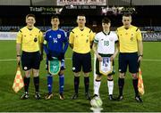 6 March 2018: Cyprus captain Fotis Kotsonis and Republic of Ireland captain Kailin Barlow with the match officials before the Under 15 International Friendly match between Republic of Ireland and Cyprus at Oriel Park in Dundalk, Co Louth. Photo by Oliver McVeigh/Sportsfile