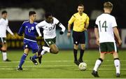 6 March 2018: Bosun Lawal of Republic of Ireland in action against Phaidonos Oikonomidis of Cyprus during the Under 15 International Friendly match between Republic of Ireland and Cyprus at Oriel Park in Dundalk, Co Louth. Photo by Oliver McVeigh/Sportsfile
