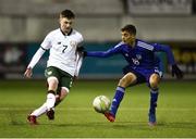6 March 2018: Oran Crowe of Republic of Ireland in action against Andreas Chrysostomou of Cyprus during the Under 15 International Friendly match between Republic of Ireland and Cyprus at Oriel Park in Dundalk, Co Louth. Photo by Oliver McVeigh/Sportsfile