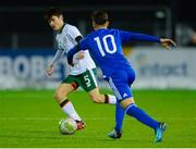 6 March 2018: Len O'Sullivan of Republic of Ireland in action against Giorgos Pontikou of Cyprus during the Under 15 International Friendly match between Republic of Ireland and Cyprus at Oriel Park in Dundalk, Co Louth. Photo by Oliver McVeigh/Sportsfile