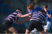7 March 2018; Matthew Black of St Mary's College is tackled by Rory Byrne, left, and Adam Hall of Terenure College during the Bank of Ireland Leinster Schools Junior Cup Round 2 match between St. Mary's College and Terenure College at Donnybrook Stadium in Dublin. Photo by Daire Brennan/Sportsfile