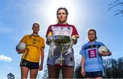 7 March 2018; In attendance at the Gourmet Food Parlour HEC O’Connor Cup Colleges Finals Captains Day are Laurie Ryan of UL, centre, Nicole Ward of UCD, right, and Aishling Moloney of DCU with the O'Connor Cup at the Gourmet Food Parlour in Northwood, Santry, Dublin. Photo by David Fitzgerald/Sportsfile
