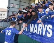 7 March 2018; Robert Nolan of St Mary's College celebrates with supporters after the Bank of Ireland Leinster Schools Junior Cup Round 2 match between St. Mary's College and Terenure College at Donnybrook Stadium in Dublin. Photo by Daire Brennan/Sportsfile