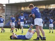 7 March 2018; Matthew Black, right, assists team-mate Hugo Massey of St Mary's College with cramp during the Bank of Ireland Leinster Schools Junior Cup Round 2 match between St. Mary's College and Terenure College at Donnybrook Stadium in Dublin. Photo by Daire Brennan/Sportsfile