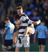 7 March 2018; David Lacey and Ted Walsh of Belvedere College celebrate after the Bank of Ireland Leinster Schools Senior Cup semi-final match between St. Michael's College and Belvedere College at Donnybrook Stadium in Dublin. Photo by Harry Murphy/Sportsfile