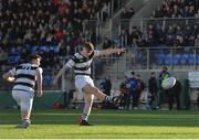 7 March 2018; David Lacey of Belvedere College kicks the winning conversion during the Bank of Ireland Leinster Schools Senior Cup semi-final match between St. Michael's College and Belvedere College at Donnybrook Stadium in Dublin. Photo by Harry Murphy/Sportsfile