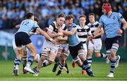 7 March 2018; Ruadhan Byron of Belvedere College  is tackled by Jay Barron, left, and Jody Booth of St Michael's College during the Bank of Ireland Leinster Schools Senior Cup semi-final match between St. Michael's College and Belvedere College at Donnybrook Stadium in Dublin. Photo by Harry Murphy/Sportsfile