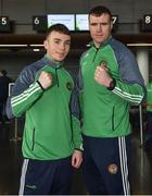 8 March 2018; Team Ireland Boxing captain Dean Gardiner, right, of Clonmel Boxing Club, Tipperary, and Kieran Molloy, of Oughterard Boxing Club, Galway, prior to their departure to the USA, ahead of a three fight tour of New England, at Dublin Airport in Dublin. Photo by Seb Daly/Sportsfile