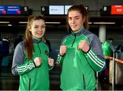 8 March 2018; Team Ireland Boxing's Lauren Hogan, left, of St. Brigid's Boxing Club, Edenderry, Offaly, and Grainne Walsh, of Sparticus Boxing Club, Tullamore, Offaly, prior to their departure to the USA, ahead of a three fight tour of New England, at Dublin Airport in Dublin. Photo by Seb Daly/Sportsfile