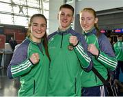 8 March 2018; Team Ireland Boxing athletes, from left, Kellie Harrington, George Bates and Aoife Burke, of St Mary's Boxing Club, Dublin, prior to their departure to the USA, ahead of a three fight tour of New England, at Dublin Airport in Dublin. Photo by Seb Daly/Sportsfile