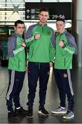 8 March 2018; Team Ireland Boxing's Evan Metcalf, left, of Hyland Boxing Academy, Tallaght, Michael Nevin, centre, of Portlaoise Boxing Club, Co. Laois, and Francis Cleary, of Ballina Boxing Club, Co. Mayo, prior to their departure to the USA, ahead of a three fight tour of New England, at Dublin Airport in Dublin. Photo by Seb Daly/Sportsfile