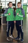 8 March 2018; Team Ireland Boxing's Paddy Donovan, left, of Our Lady Of Lourdes Boxing Club, Limerick, and Brett McGinty, of Oakleaf Boxing Club, Derry, prior to their departure to the USA, ahead of a three fight tour of New England, at Dublin Airport in Dublin. Photo by Seb Daly/Sportsfile
