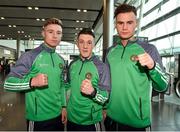 8 March 2018; Team Ireland Boxing's Paddy Donovan, left, of Our Lady Of Lourdes Boxing Club, Limerick, Francis Cleary, of Ballina Boxing Club, Co. Mayo, and Michael Nevin, of Portlaoise Boxing Club, Co. Laois, prior to their departure to the USA, ahead of a three fight tour of New England, at Dublin Airport in Dublin. Photo by Seb Daly/Sportsfile