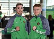 8 March 2018; Team Ireland Boxing's Paddy Donovan, left, of Our Lady Of Lourdes Boxing Club, Limerick, and Brett McGinty, of Oakleaf Boxing Club, Derry, prior to their departure to the USA, ahead of a three fight tour of New England, at Dublin Airport in Dublin. Photo by Seb Daly/Sportsfile