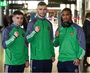 8 March 2018; Team Ireland Boxing athletes, from left, Caoimhin Ferguson, and Gerard French, of Clonard Boxing Club, Belfast, and Caoimhin Hynes, of Holy Trinity Boxing Club, Belfast, prior to their departure to the USA, ahead of a three fight tour of New England, at Dublin Airport in Dublin. Photo by Seb Daly/Sportsfile