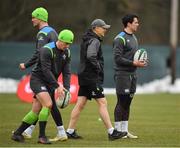 8 March 2018; Joey Carbery, right, with team-mates Jonathan Sexton and Ian Keatley and head coach Joe Schmidt during Ireland rugby squad training at Carton House in Maynooth, Co Kildare. Photo by Sam Barnes/Sportsfile