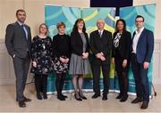 8 March 2018: Speakers and panel discussion members, from left, Tony Cunningham, Education Manager, WADA, Siobhan Leonard, Sport Ireland Anti-Doping manager, Jacqui Freyne, Performance and Development Manager, Athletics Ireland, Dr Una May, Sport Ireland Director of Participation and Ethics, John Treacy, CEO Sport Ireland, Amanda Hudson, UKAD, and Adam Pengilly, former British skeleton racer and World silver medallist, at the launch of the 2017 Sport Ireland Anti-Doping Review at the The Law Society of Ireland in Dublin. Photo by Seb Daly/Sportsfile