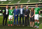 9 March 2018: Republic of Ireland manager Martin O'Neill and Republic of Ireland Women's National Team manager Colin Bell, with, from left, Aidan Roche, Intermediate Player of the Year nominee, Tiegan Ruddy, Republic of Ireland Under 17 Women's International Player of the Year nominee, Karl Donnelly, Head Of Sponsorship, Three, centre, Lucy McCartan, Republic of Ireland Under 19 Women's International Player of the Year nominee, and Neil Farrugia, Schools International Player of the Year nominee, in attendance at the launch of the Three FAI International Awards at the Aviva Stadium in Dublin. Photo by Stephen McCarthy/Sportsfile