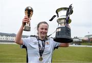 9 March 2018; Chloe Moloney of IT Carlow celebrates with the cup and her Player of the Match award after she scored the match-winning goal in the last minute of extra time in the RUSTLERS WSCAI Kelly Cup Final match between UCC and IT Carlow at Jackman Park in Limerick.  Photo by Diarmuid Greene/Sportsfile