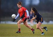 9 March 2018; Rosin Baker of RCSI in action against Allanna Keogh of DCU during the Gourmet Food Parlour HEC Donaghy Cup Final match between RCSI and DCU at IT Blanchardstown in Blanchardstown, Dublin. Photo by Piaras Ó Mídheach/Sportsfile