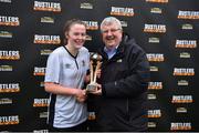 9 March 2018; Chloe Moloney of IT Carlow is presented with her Player of the Match award by WSCAI founding member Myles Kelly after the RUSTLERS WSCAI Kelly Cup Final match between UCC and IT Carlow at Jackman Park in Limerick.  Photo by Diarmuid Greene/Sportsfile