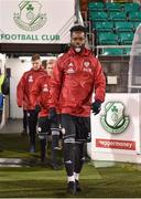 9 March 2018; Dapo Kayode of Derry City makes his way to the pitch to warm-up prior to the SSE Airtricity League Premier Division match between Shamrock Rovers and Derry City at Tallaght Stadium in Tallaght, Dublin. Photo by Seb Daly/Sportsfile