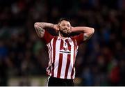 9 March 2018; Rory Patterson of Derry City reacts after seeing his shot deflected during the SSE Airtricity League Premier Division match between Shamrock Rovers and Derry City at Tallaght Stadium in Tallaght, Dublin. Photo by Seb Daly/Sportsfile