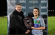 9 March 2018; Con Moynihan, National Development Officer, LGFA, presents the O'Connor Shield to Queen's University Belfast captain Joanne Doonan after the Gourmet Food Parlour HEC O'Connor Shield Final match between Queen's University and NUI Galway at the GAA National Games Development Centre in Abbotstown, Dublin. Photo by Brendan Moran/Sportsfile