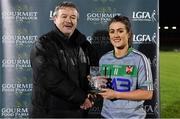 9 March 2018; Con Moynihan, National Development Officer, LGFA, presents the Player of the Match to Queen's University Belfast captain Joanne Doonan after the Gourmet Food Parlour HEC O'Connor Shield Final match between Queen's University and NUI Galway at the GAA National Games Development Centre in Abbotstown, Dublin. Photo by Brendan Moran/Sportsfile