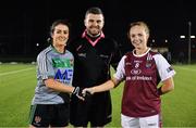 9 March 2018; Queen's University Belfast captain Joanne Doonan, left, shakes hands with NUI Galway captain Chloe Crowe in the company of referee Conor Dourneen prior to the Gourmet Food Parlour HEC O'Connor Shield Final match between Queen's University and NUI Galway at the GAA National Games Development Centre in Abbotstown, Dublin. Photo by Brendan Moran/Sportsfile