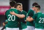 9 March 2018; Michael Silvester, right, of Ireland celebrates with team-mate Ronan Foley following their side's victory in the U20 Six Nations Rugby Championship match between Ireland and Scotland at Donnybrook Stadium in Dublin. Photo by David Fitzgerald/Sportsfile