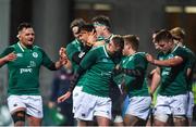 9 March 2018; Jack O'Sullivan of Ireland is congratulated by team mates after scoring his side's fourth try during the U20 Six Nations Rugby Championship match between Ireland and Scotland at Donnybrook Stadium in Dublin. Photo by David Fitzgerald/Sportsfile