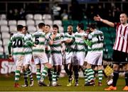 9 March 2018; Ronan Finn of Shamrock Rovers, centre, is congratulated by team-mates after scoring his side's fourth goal during the SSE Airtricity League Premier Division match between Shamrock Rovers and Derry City at Tallaght Stadium in Tallaght, Dublin. Photo by Seb Daly/Sportsfile