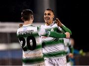 9 March 2018; Graham Burke of Shamrock Rovers celebrates with team-mate Trevor Clarke after scoring his third and his side's fifth goal during the SSE Airtricity League Premier Division match between Shamrock Rovers and Derry City at Tallaght Stadium in Tallaght, Dublin. Photo by Seb Daly/Sportsfile