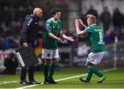 9 March 2018; Conor McCormack, right, is replaced by his Cork City team-mate Barry McNamee during the SSE Airtricity League Premier Division match between Dundalk and Cork City at Oriel Park in Dundalk, Louth. Photo by Stephen McCarthy/Sportsfile