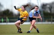 10 March 2018; Eabha Rutlege of DCU in action against Lucy McCartan of UCD during the Gourmet Food Parlour HEC O'Connor Cup semi-final match between Dublin City University and University College Dublin at IT Blanchardstown in Blanchardstown, Dublin. Photo by David Fitzgerald/Sportsfile